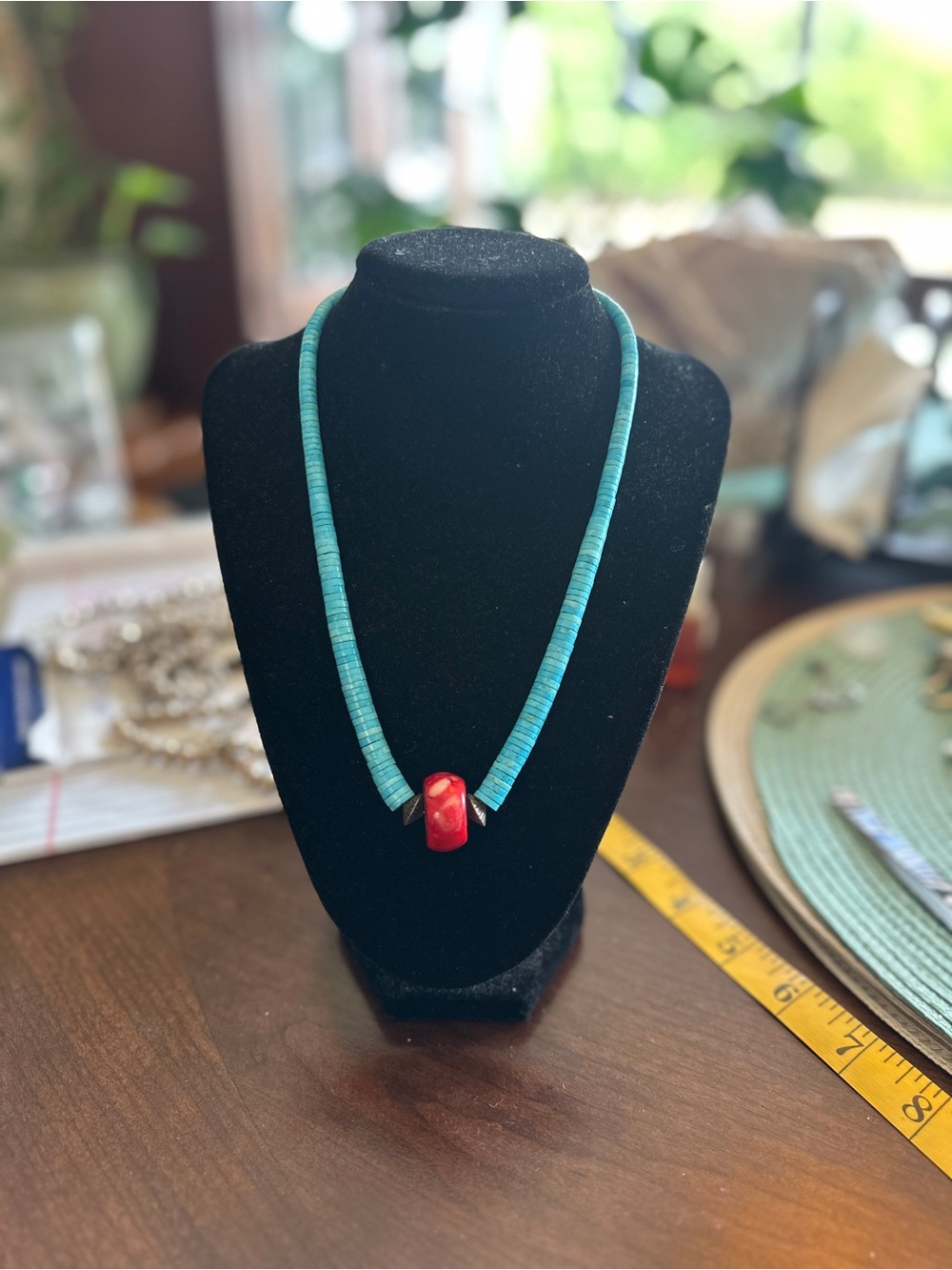 Vibrant Turquoise Necklace with Red Coral Bead Accent